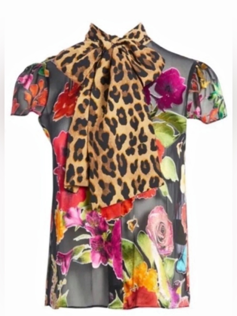 NWOT Alice + Olivia Jeannie Tie Neck Blouse In Garden Floral Combo. Size M